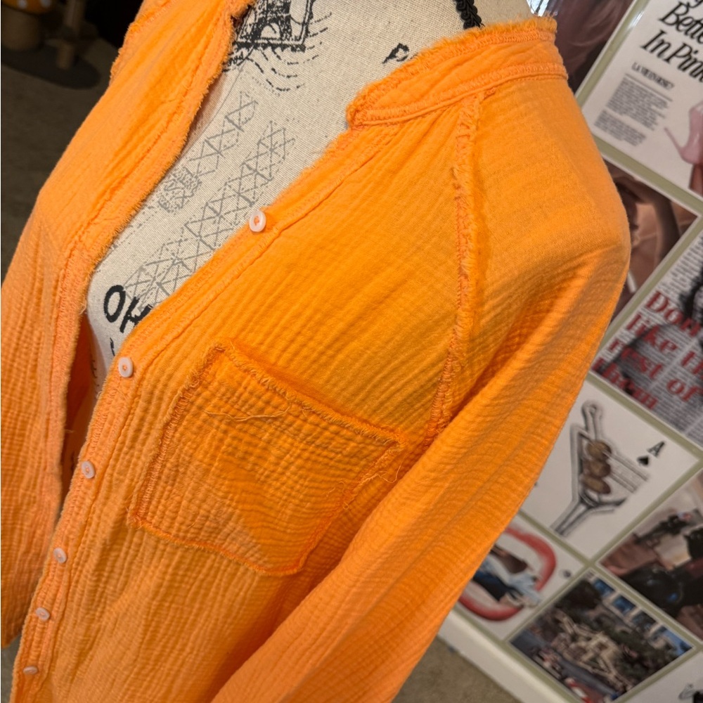 Aerie Vibrant Orange Linen Button-Down Shirt